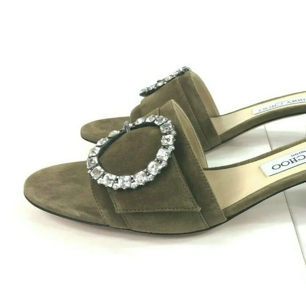 Jimmy Choo $700 Granger 35 Embellished Suede Sandals Green Brown 40